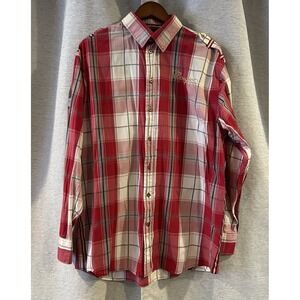 Coogi Red Plaid Embroidered Long Sleeve Button Up‎ Shirt Patches Men's Size XL